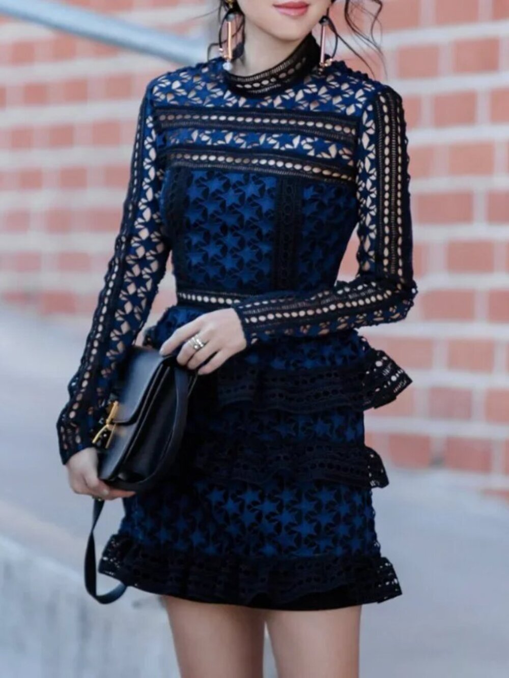 Self Portrait Dress Mini High Neck Star Lace Paneled Long Sleeve Navy Black 10